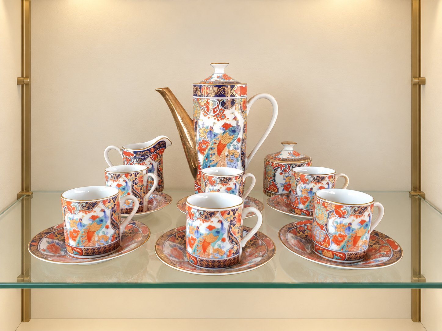 Imari‑style Japanese porcelain tea/coffee service — 6 cups & saucers, tall pot, creamer & lidded sugar bowl (red square JAPAN mark)