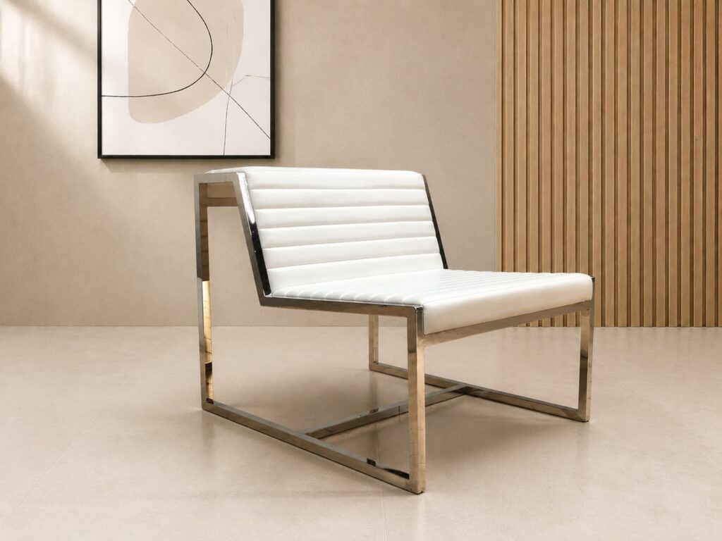 Fiélli white leather lounge chair — ribbed seat/back, polished chrome frame