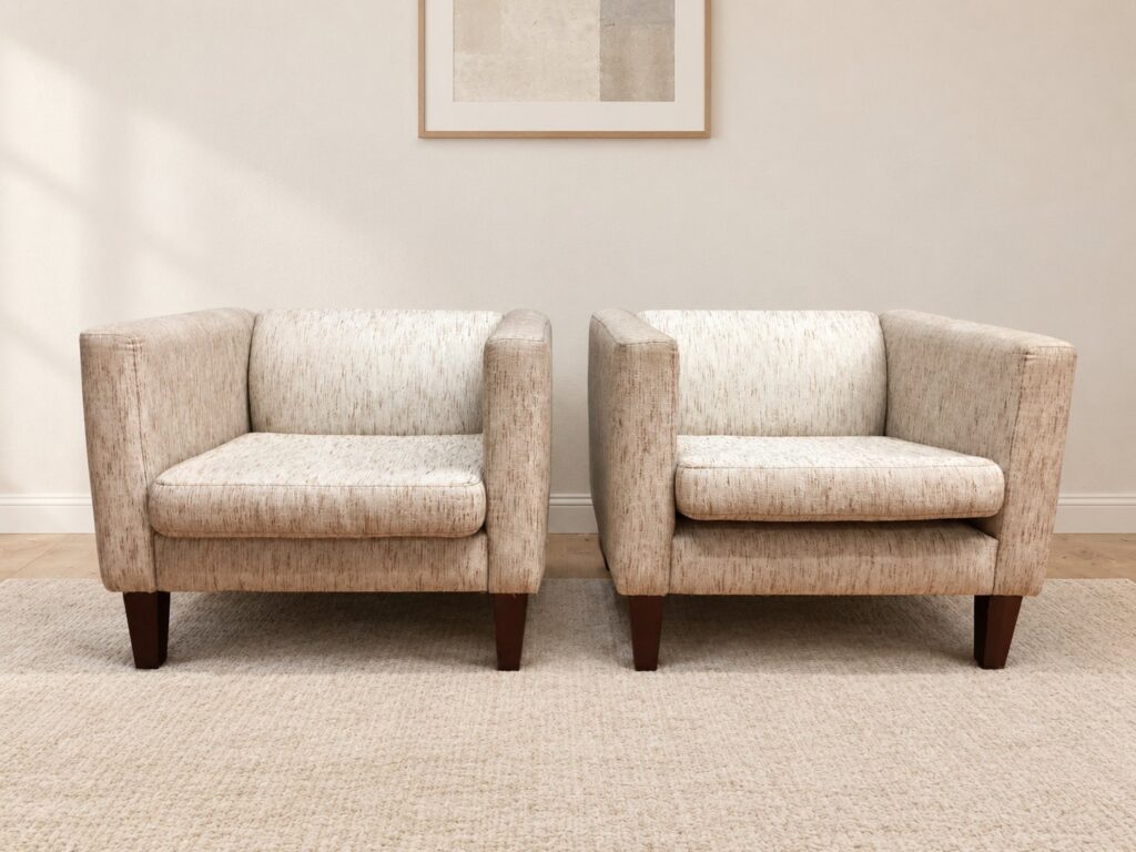 Pair of Upholstered Club Armchairs with Removable Seat Cushions — Light Neutral Fabric, Minor Wear