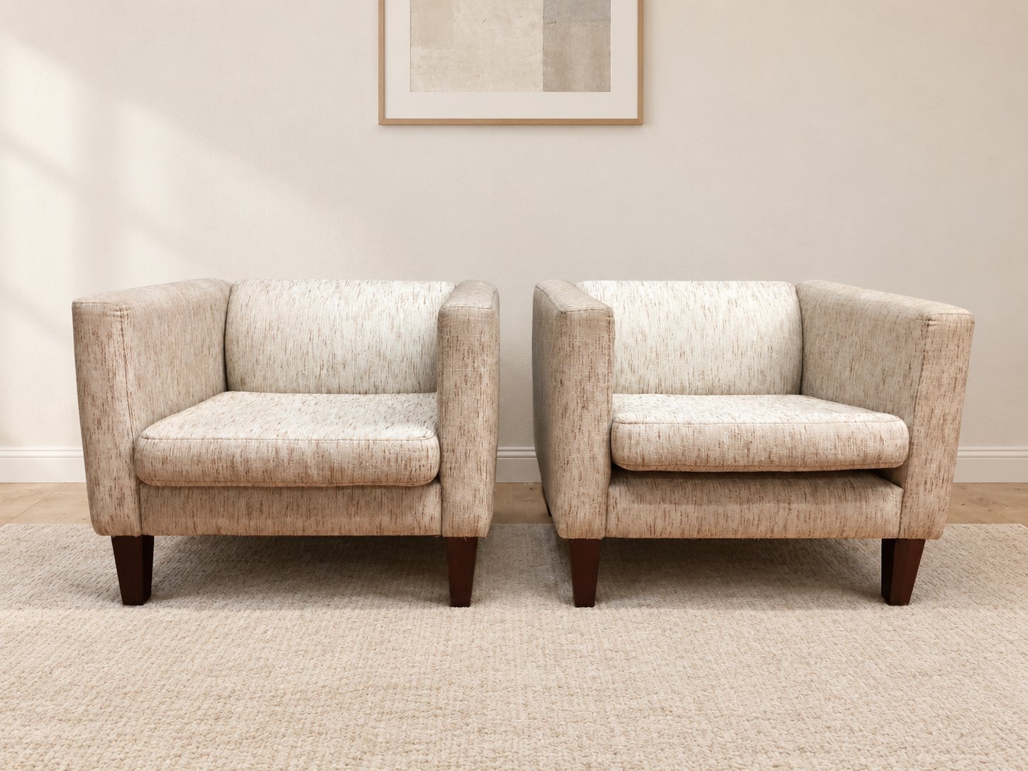 Pair of Upholstered Club Armchairs with Removable Seat Cushions — Light Neutral Fabric, Minor Wear