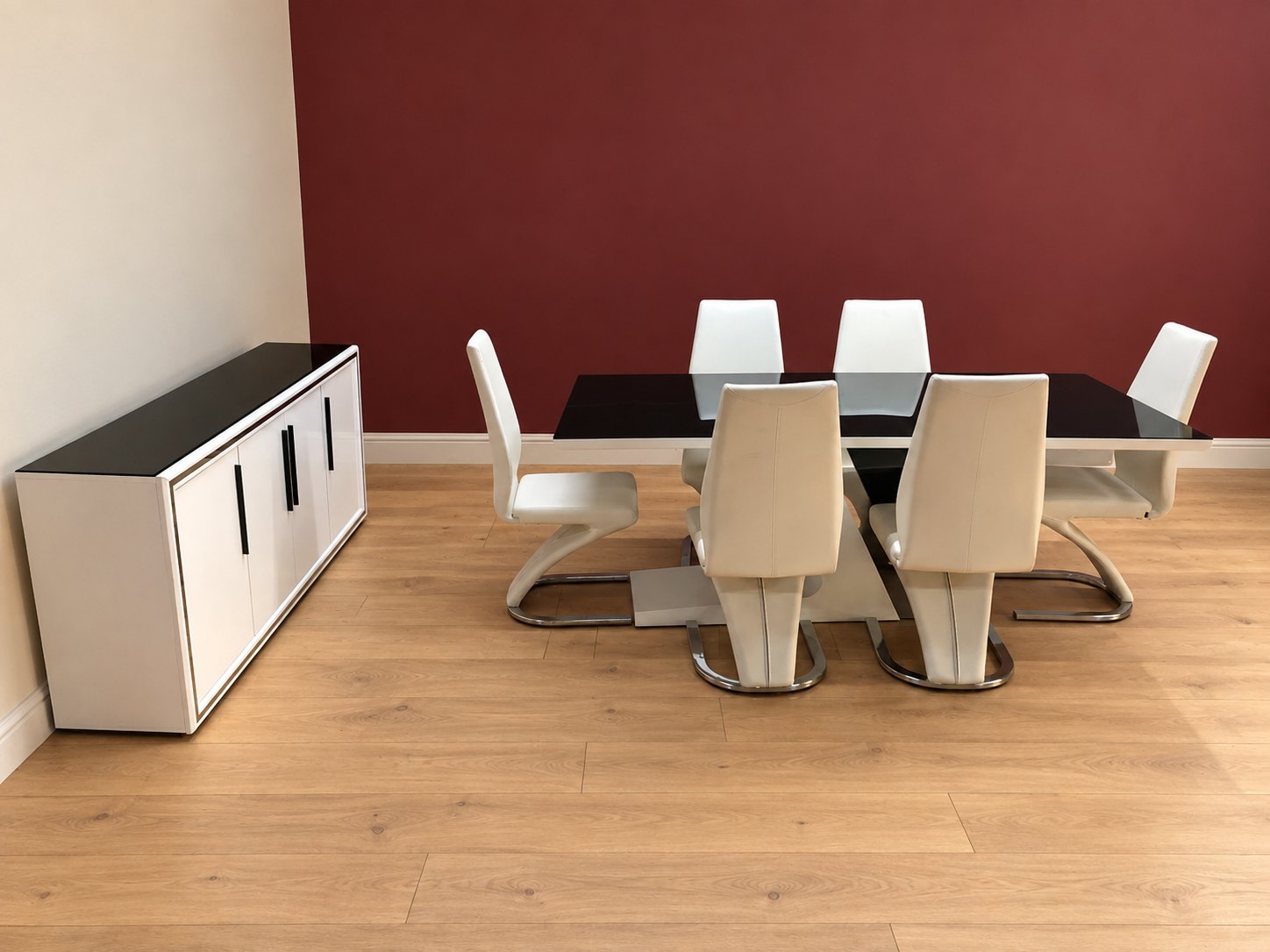 Modern Tempered-Glass Dining Table (200x100x77cm) + 6 White Upholstered Chairs & 4-Door Sideboard (180x40x80cm)