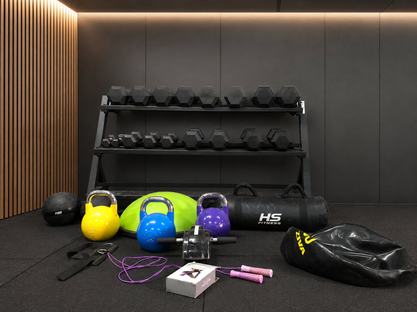 Mixed gym equipment lot — 3-tier dumbbell rack with hex dumbbells (6KG, 8KG, 27.5KG visible), kettlebells, BOSU, HS Fitness sandbag and accessories