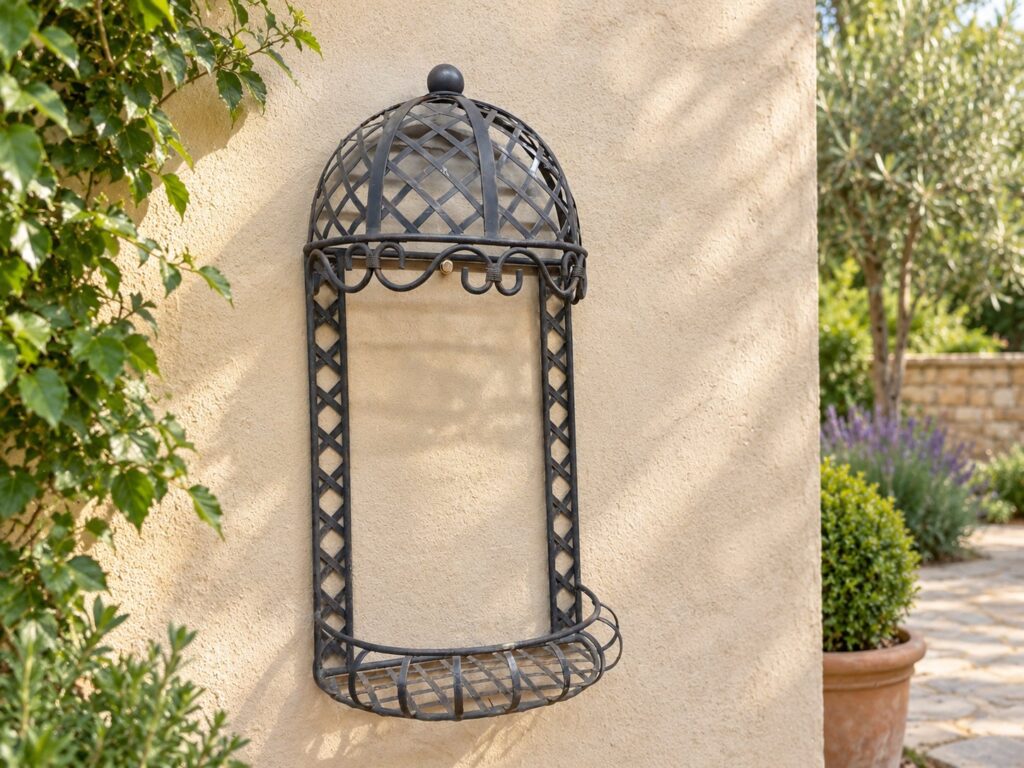 Wrought-iron wall planter/trellis with domed lattice top & curved basket shelf (90 x 42 x 25 cm)