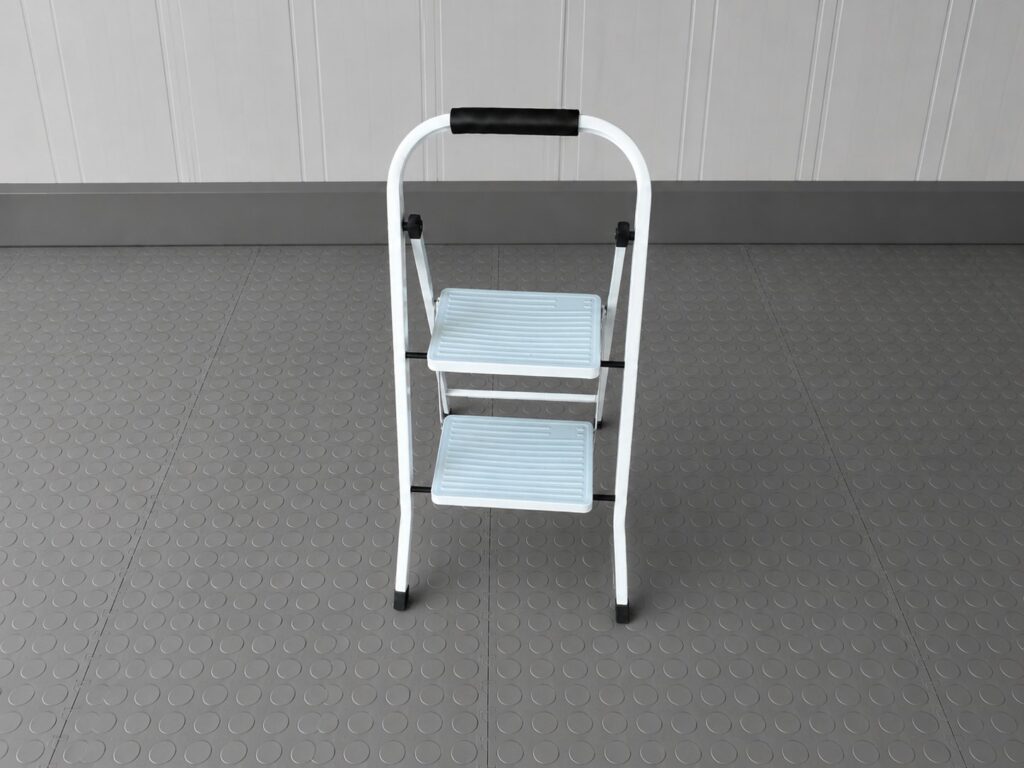 White 2-step folding domestic step ladder / step stool – padded handle, rubber feet, locks securely