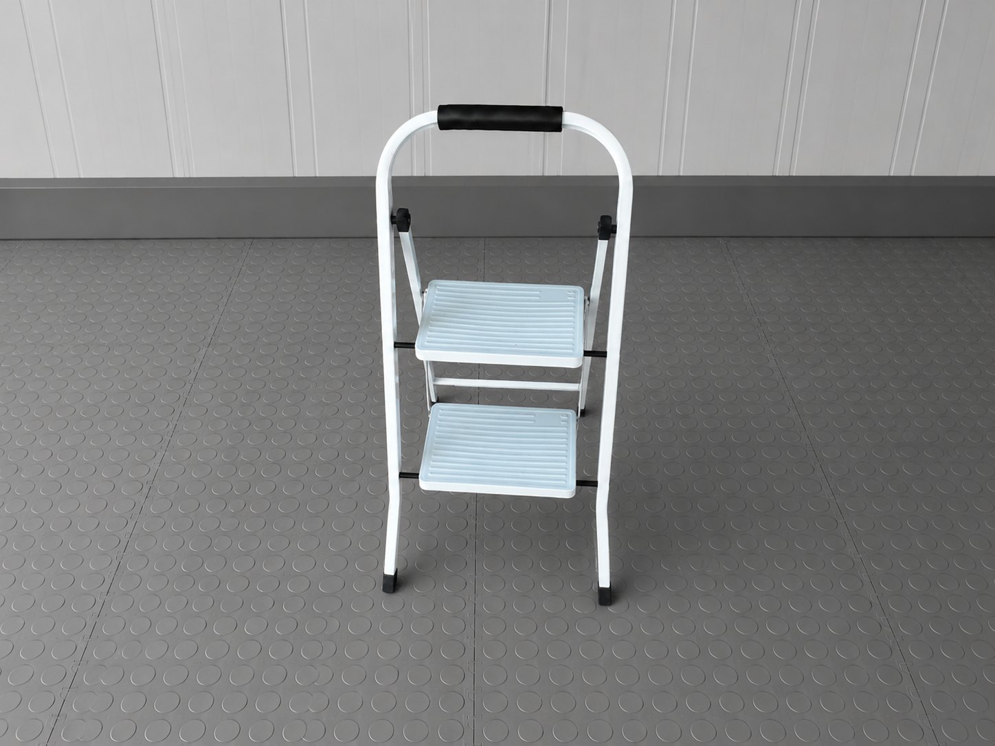 White 2-step folding domestic step ladder / step stool – padded handle, rubber feet, locks securely