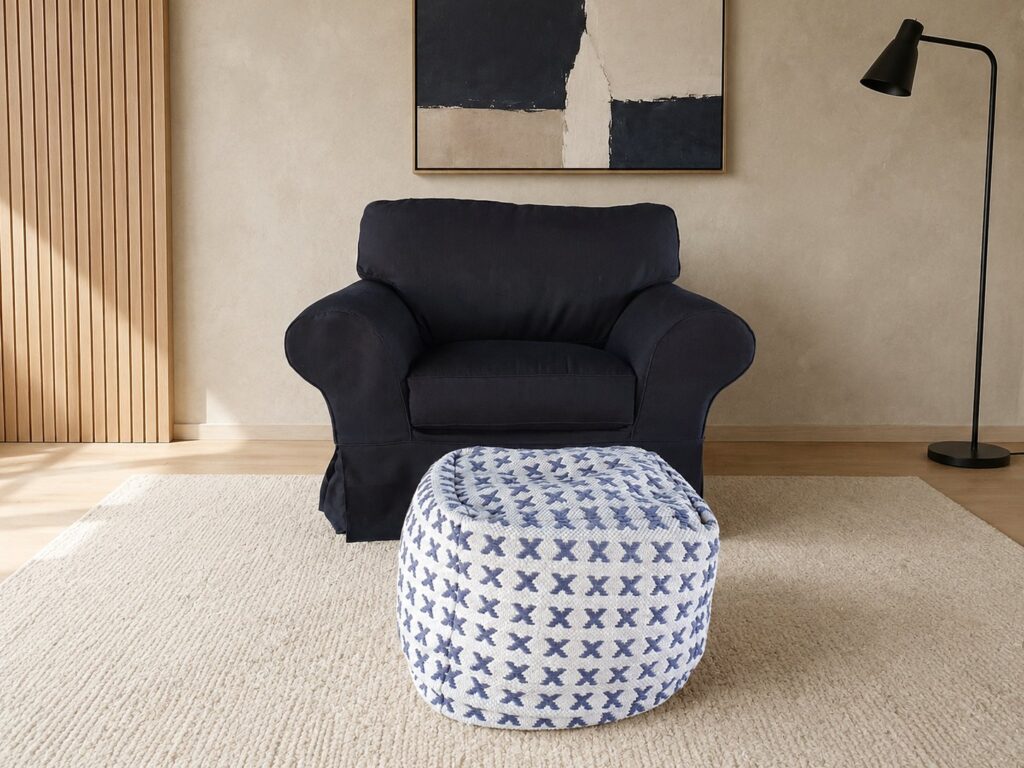 Dark Slipcovered Armchair with Removable Cover + Patterned Pouffe — Good Condition