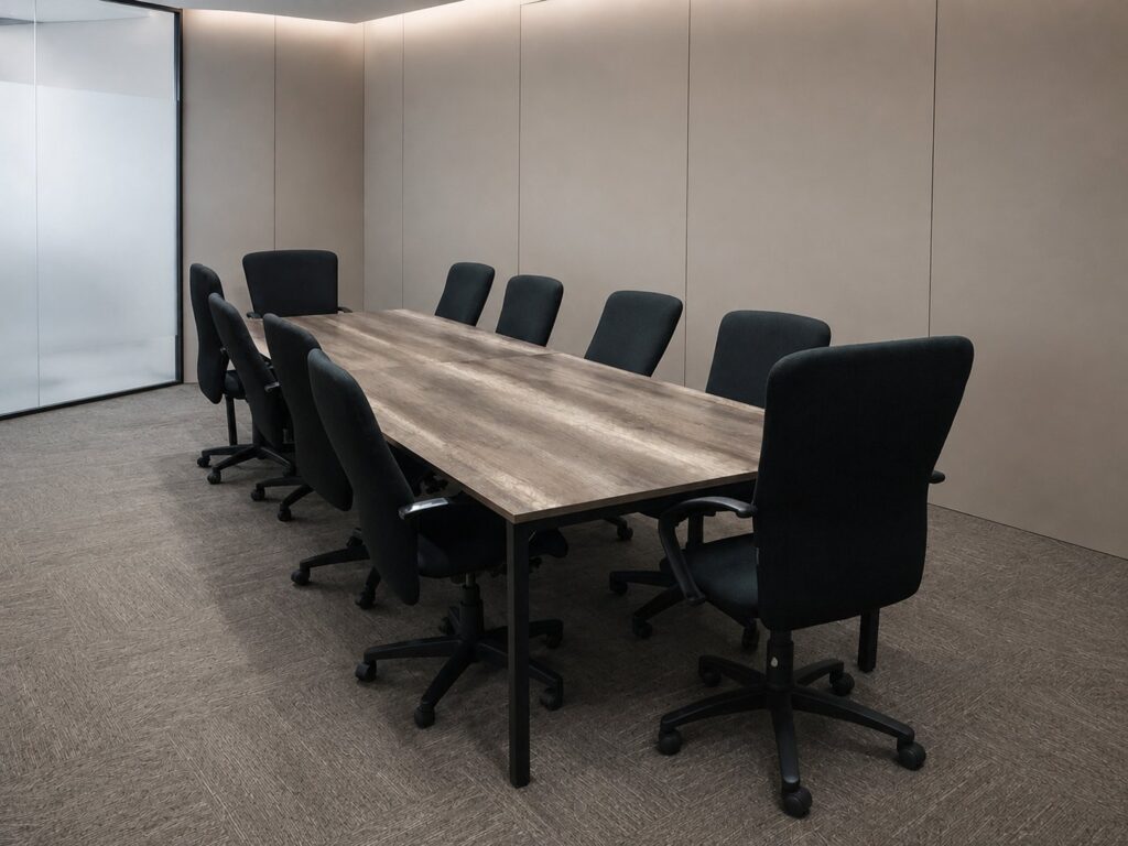 Lot: 10 Black Swivel Office Chairs (Meeting Room) with 2‑piece 401 × 122 × 74 cm Table