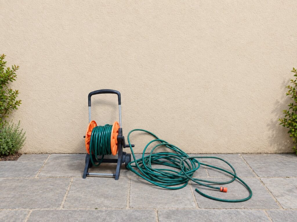 Garden hose with wheeled reel (approx. 10 m) — used, cut free end