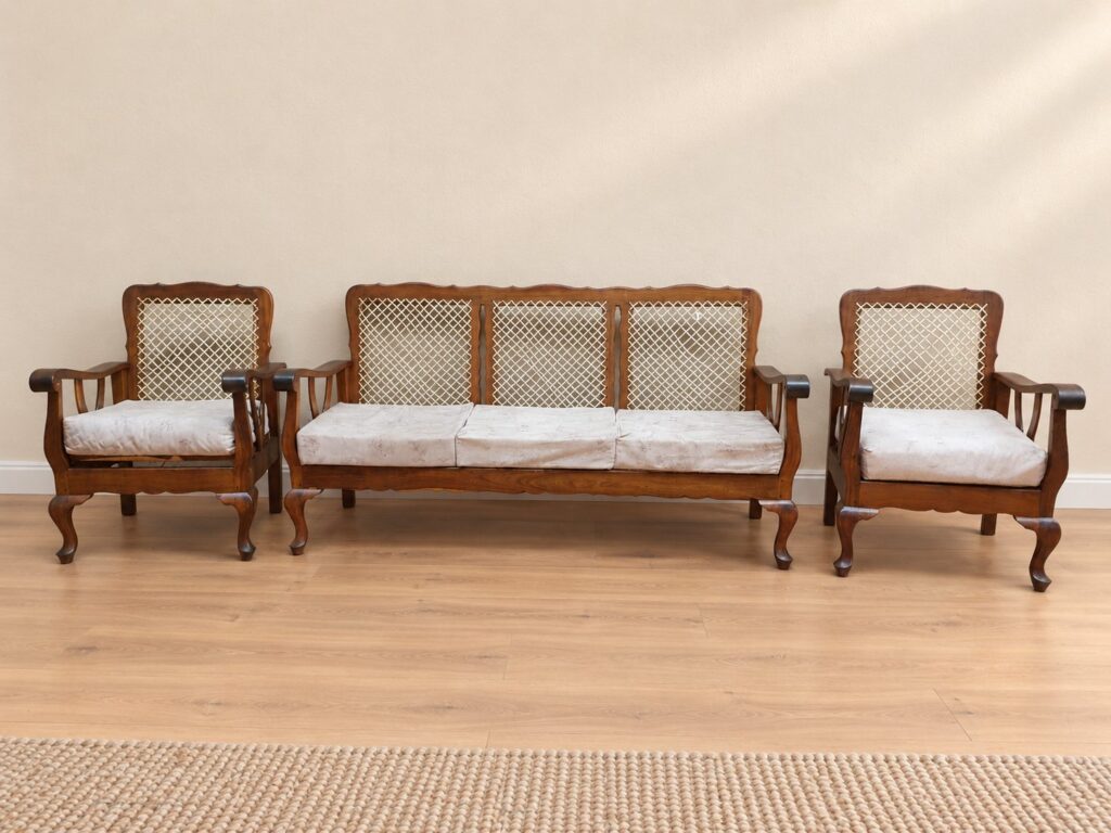 3-piece Tamboti-wood caned seating set — 3-seat sofa + 2 armchairs, cushions included, needs re-caning & surface repair