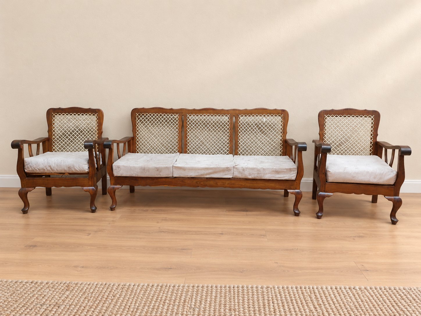 3-piece Tamboti-wood caned seating set — 3-seat sofa + 2 armchairs, cushions included, needs re-caning & surface repair