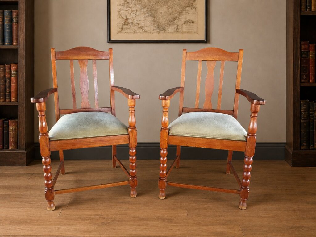 Pair of Wooden Armchairs with Turned Legs and Upholstered Seats (H 100 x W 60 x D 50 cm)