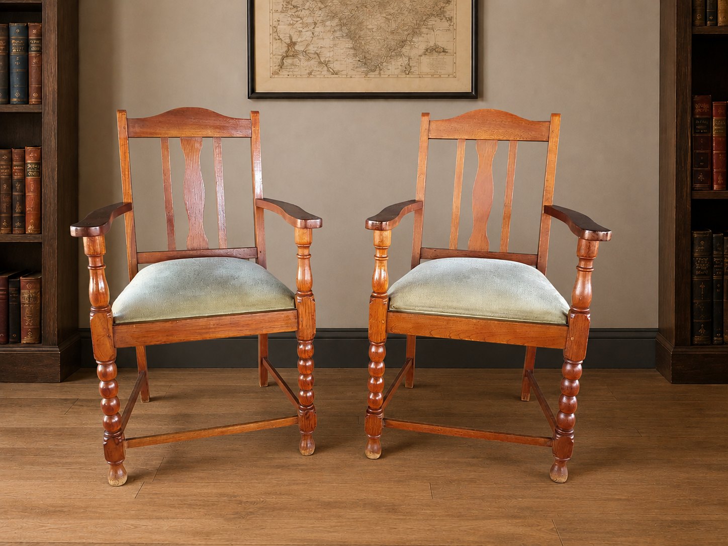 Pair of Wooden Armchairs with Turned Legs and Upholstered Seats (H 100 x W 60 x D 50 cm)