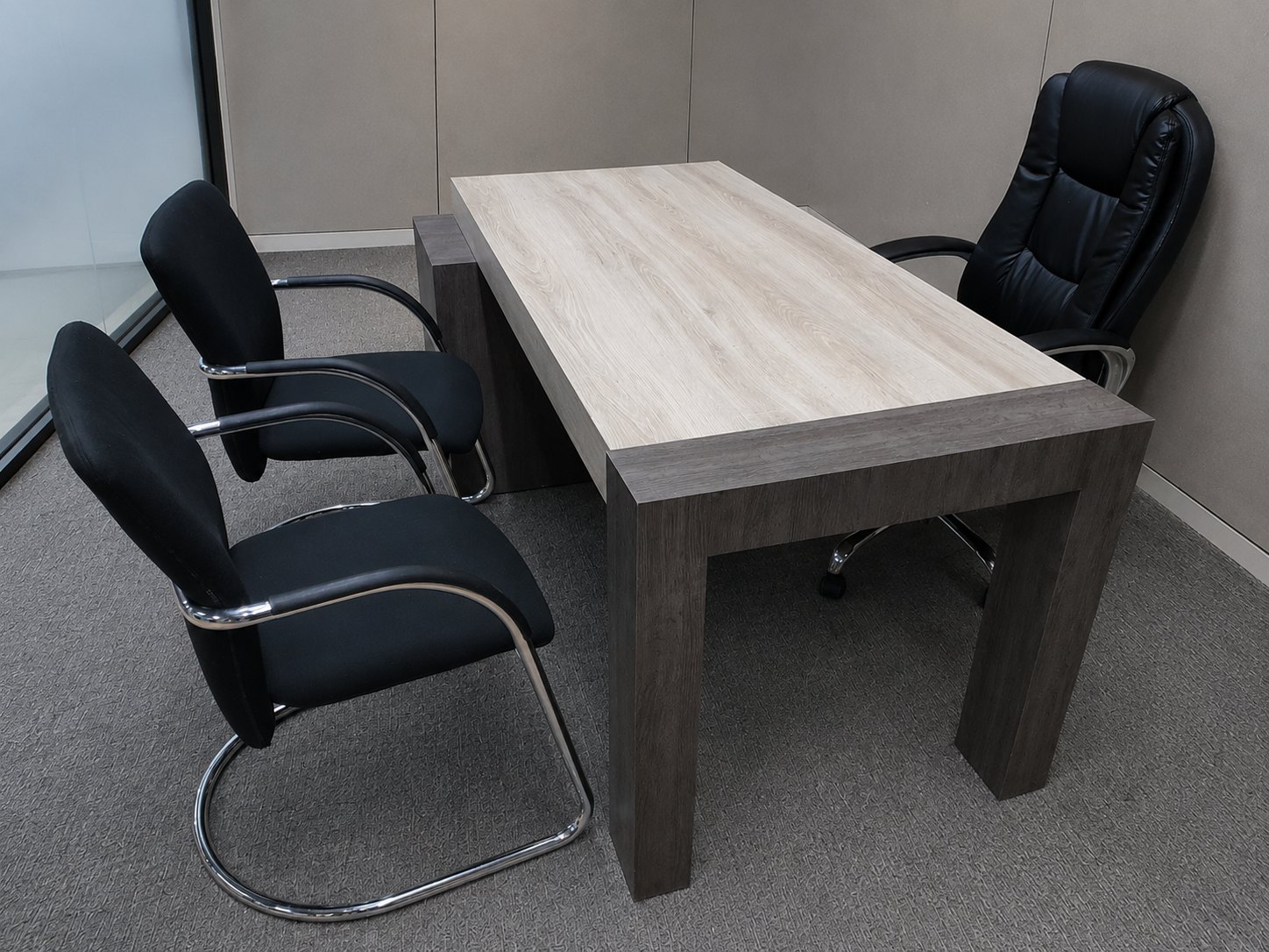 Modern Executive Desk with Locking Pedestal + 2 Visitor Cantilever Chairs & Executive Swivel Chair