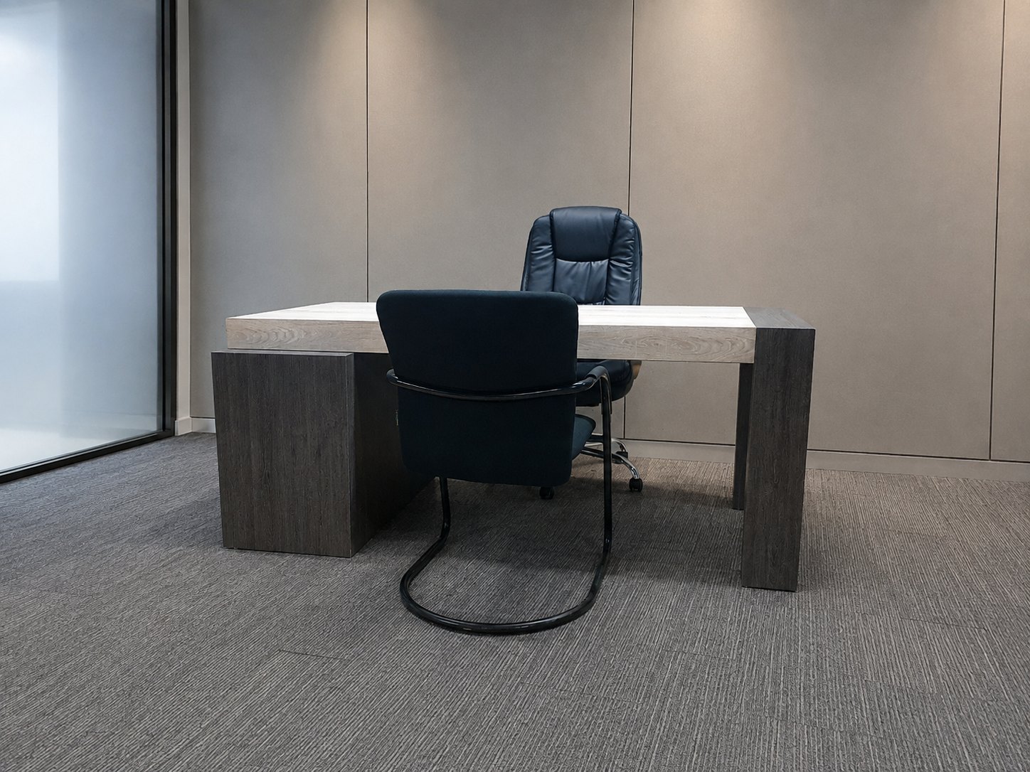 Modern two-tone laminate executive desk with pedestal + 2 chairs (195x80x76 cm) — minor edge chips
