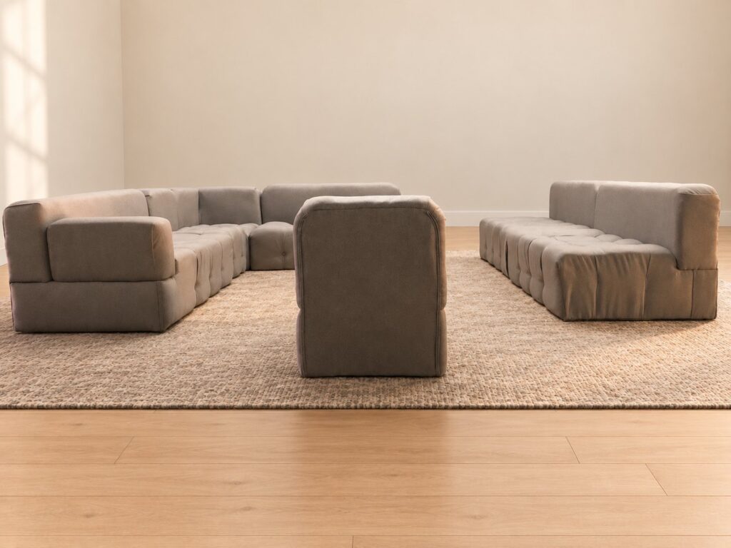 Modular Tufted Grey Fabric Sectional Sofa — 7-piece, Re-upholstered, Light Wear & Stains