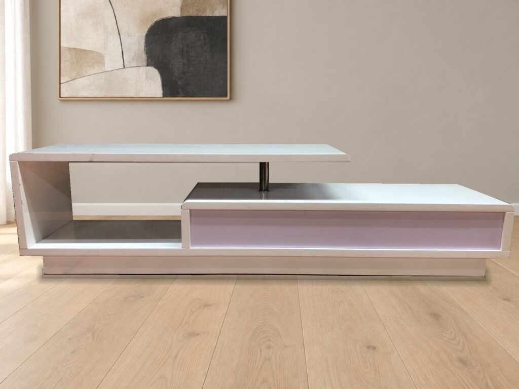 Low white lacquer TV / media stand with raised top panel, two drawers and open shelf