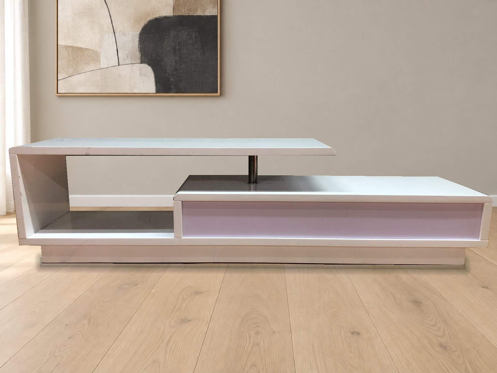 Low white lacquer TV / media stand with raised top panel, two drawers and open shelf