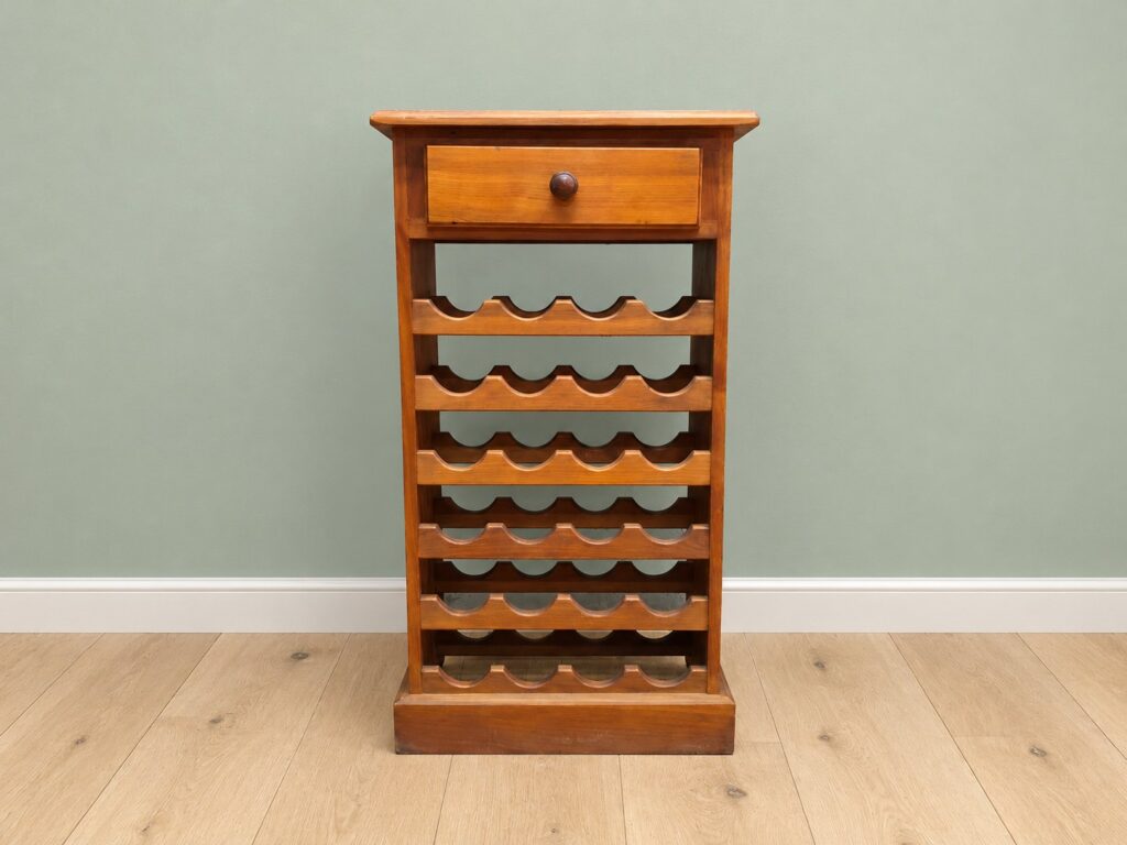 Wooden freestanding wine rack with single pull-out drawer — solid, good used condition