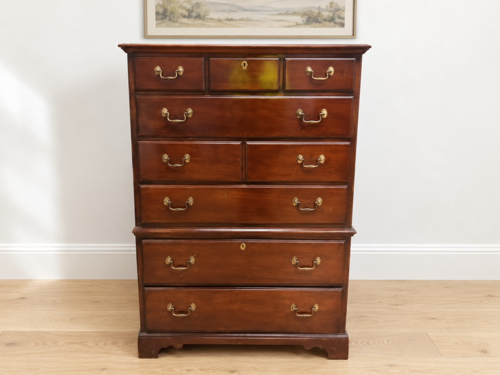Drexel Heritage tall chest-on-chest / highboy — original brass handles, drawers tested