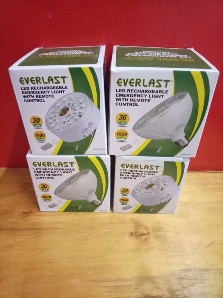 Lot of 4 Everlast LED Rechargeable Emergency Lights with Remote – boxed (30 & 36 LED visible)