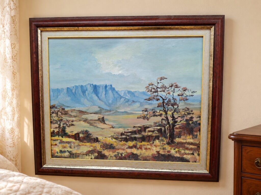 Framed signed oil on canvas landscape ‘D Erasmus 60’ — impasto paint, decorative frame (62 x 72 x 4 cm)