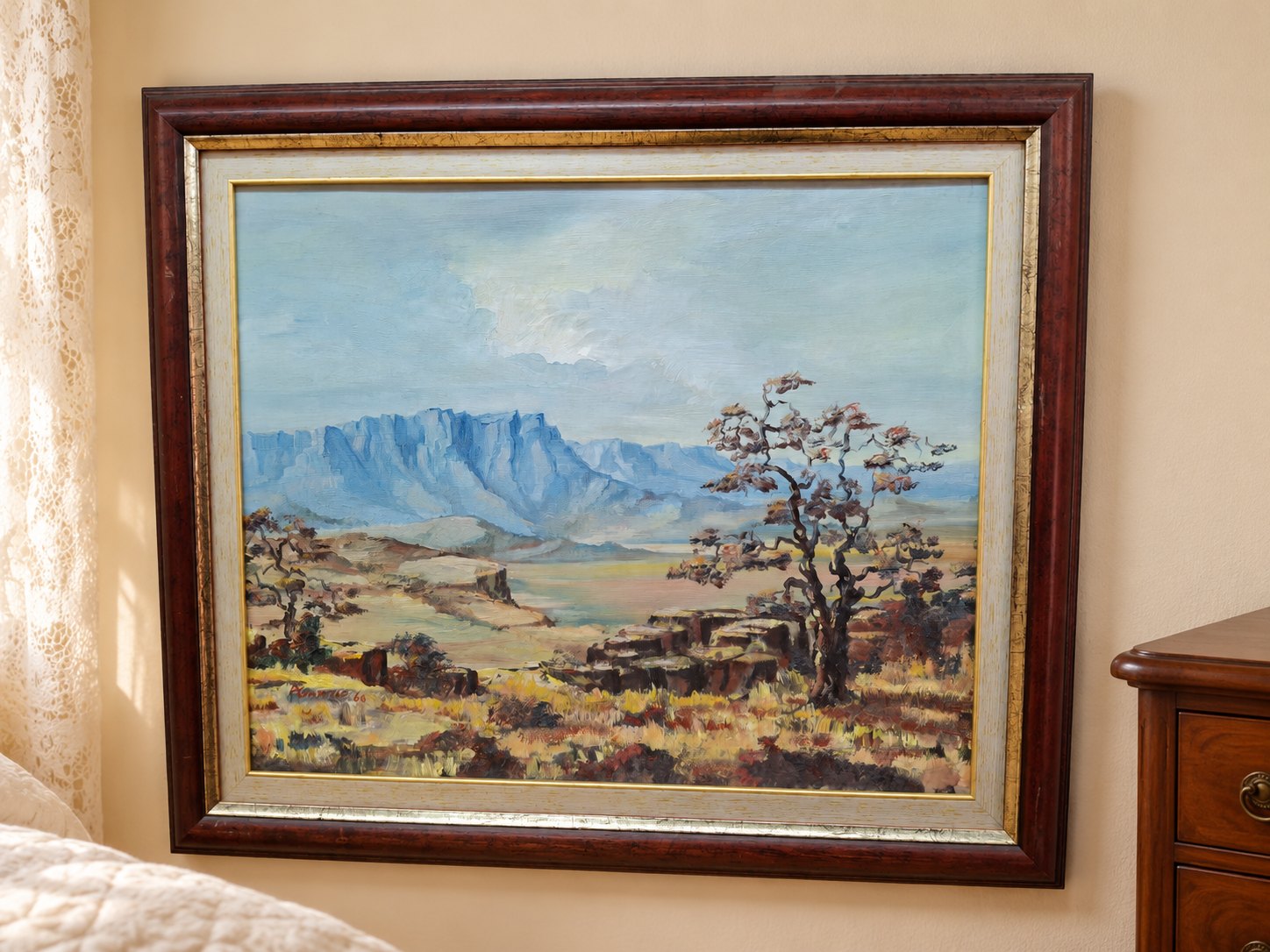 Framed signed oil on canvas landscape ‘D Erasmus 60’ — impasto paint, decorative frame (62 x 72 x 4 cm)