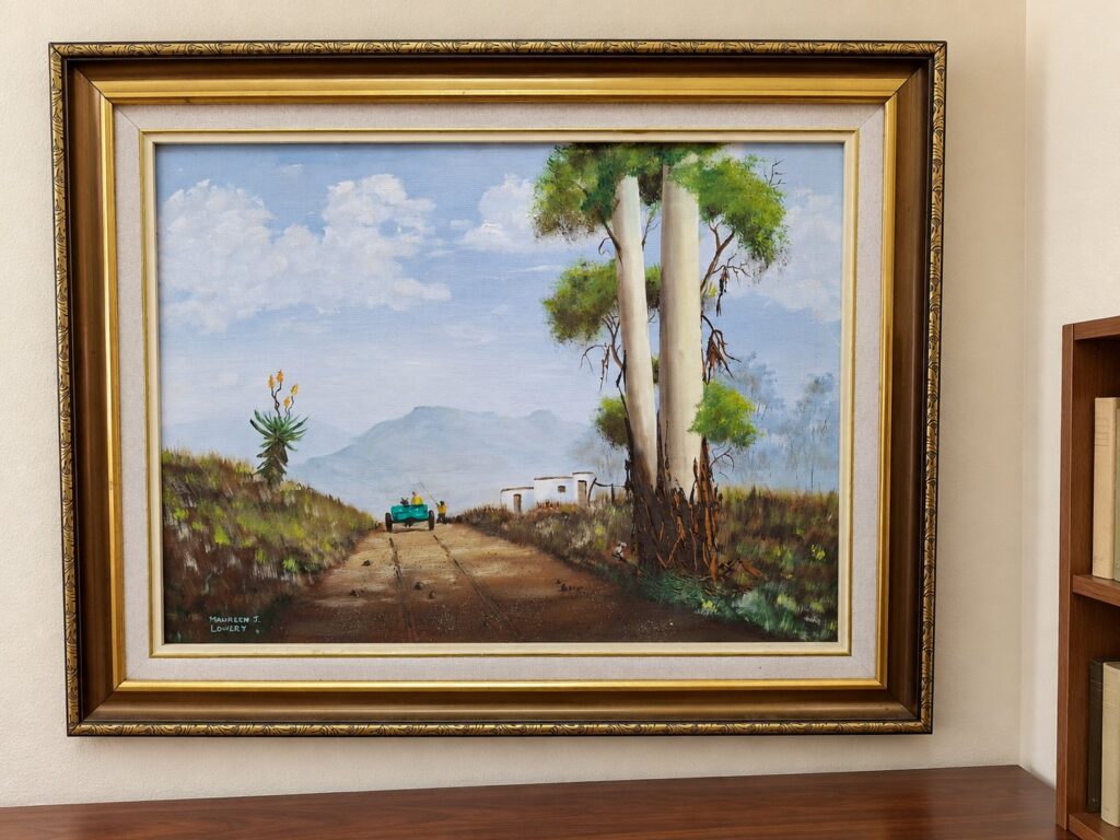 Signed Maureen J. Lowery oil landscape, textured impasto — gilt frame, 59 x 74 x 3 cm (framed)