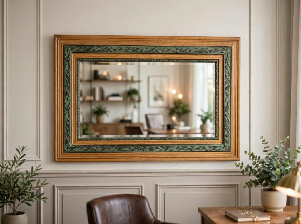 Large rectangular wall mirror — solid wood frame with carved green decorative inner band (102 x 150 x 5 cm)