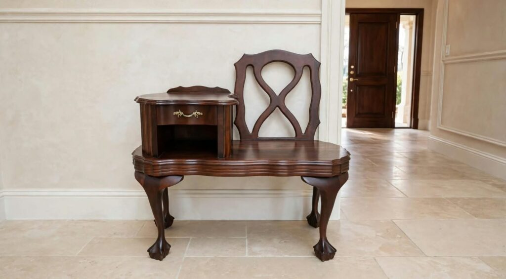 Vintage-style wooden telephone / gossip bench with carved cabriole legs and single drawer