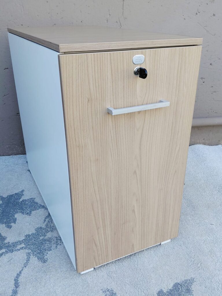 Little Angel Shak compact office storage cabinet — lock + key, sliding panel, shallow drawer, oak-effect top