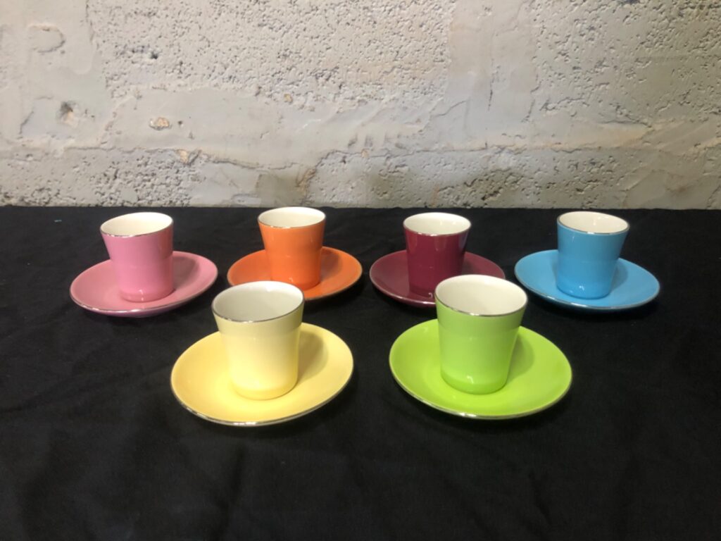 Set of 6 Coloured Porcelain Espresso Cups & Saucers — @home fine porcelain, silver rims