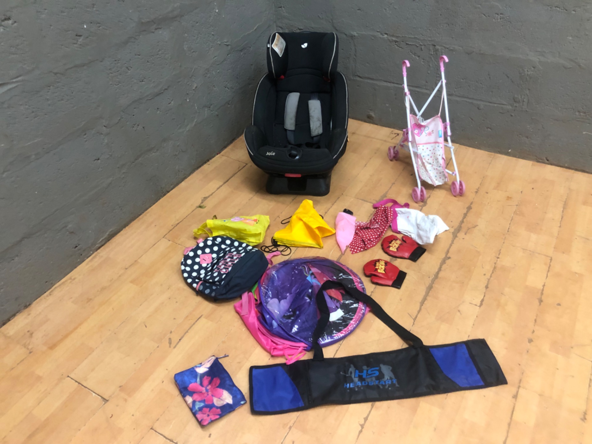 Mixed kids lot — Joie child car seat (used) + doll stroller, backpacks & accessories