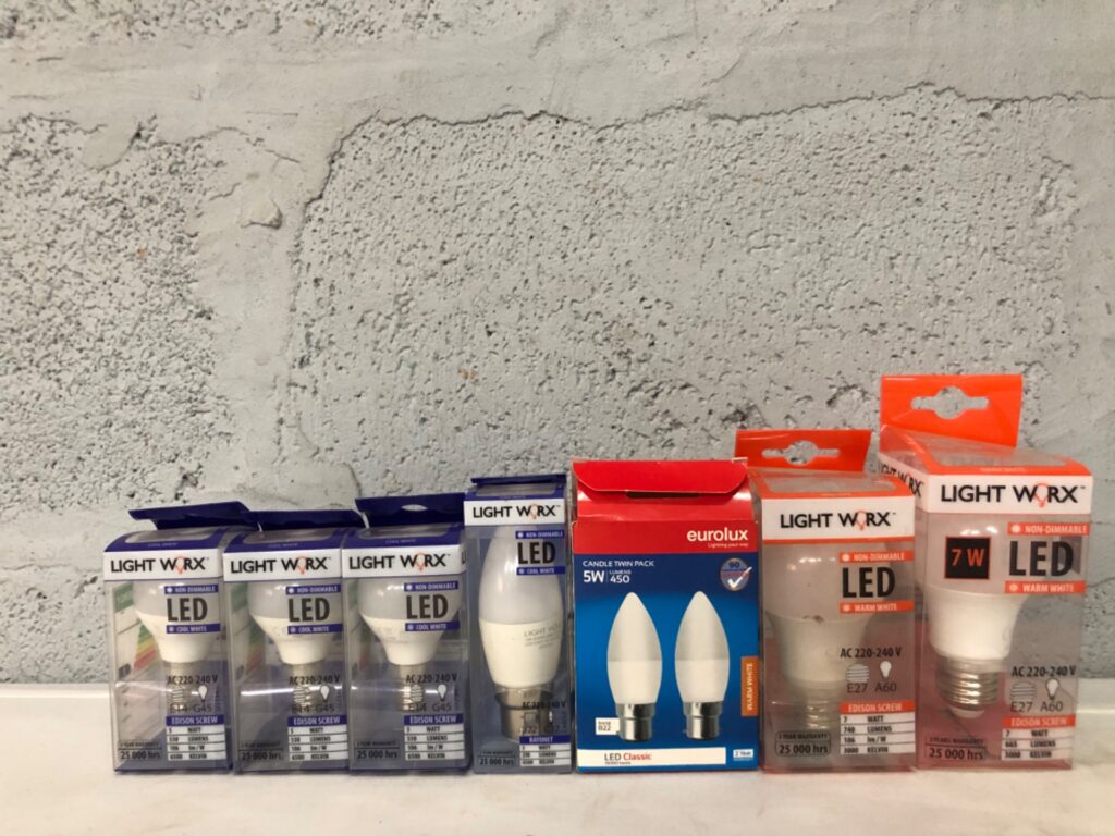 Lot of 7 Retail-Boxed LED Bulbs — LightWorx + Eurolux, mixed bases (E14 / E27 / B22), cool & warm white, sealed & warehouse-checked
