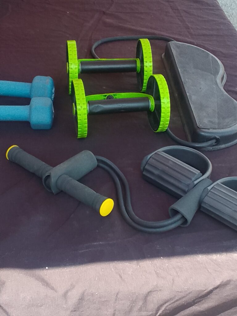 Mixed home fitness set – double‑wheel ab roller, resistance band set, 2× OTG 2kg neoprene dumbbells & kneeling pad