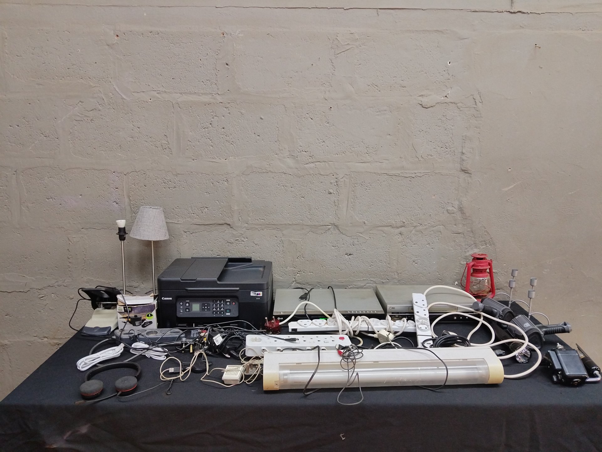 Mixed lot of small electronics & accessories – Canon printer, 2 x LG DVD players, cables, lamps & power strips (untested)