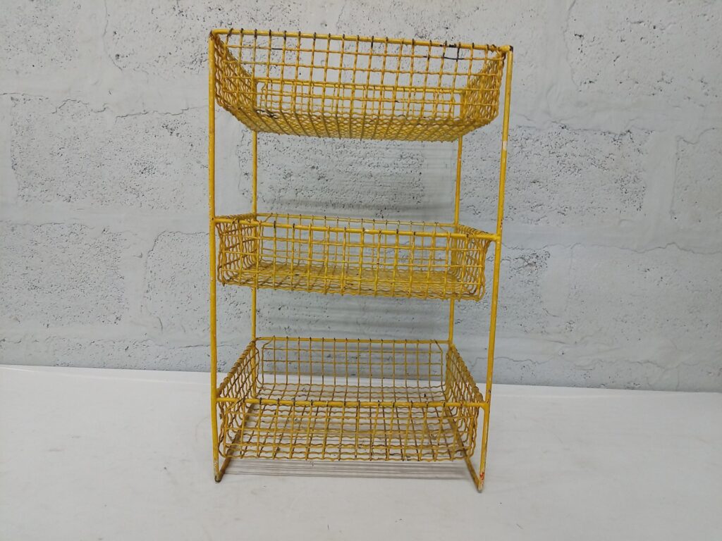 Yellow three-tier metal wire basket rack — 38 × 31 × 61 cm, fair condition
