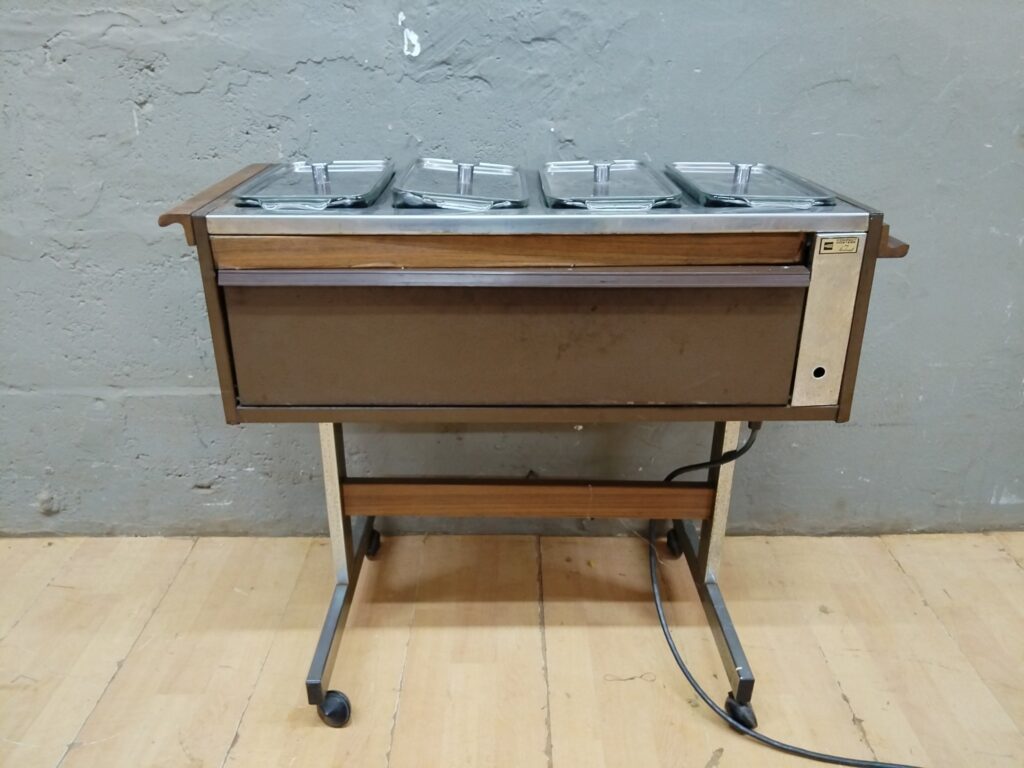 Vintage EKCO ‘Compact Hostess’ Model OS 92 Buffet / Food Warmer on Rolling Stand (4 glass pans)