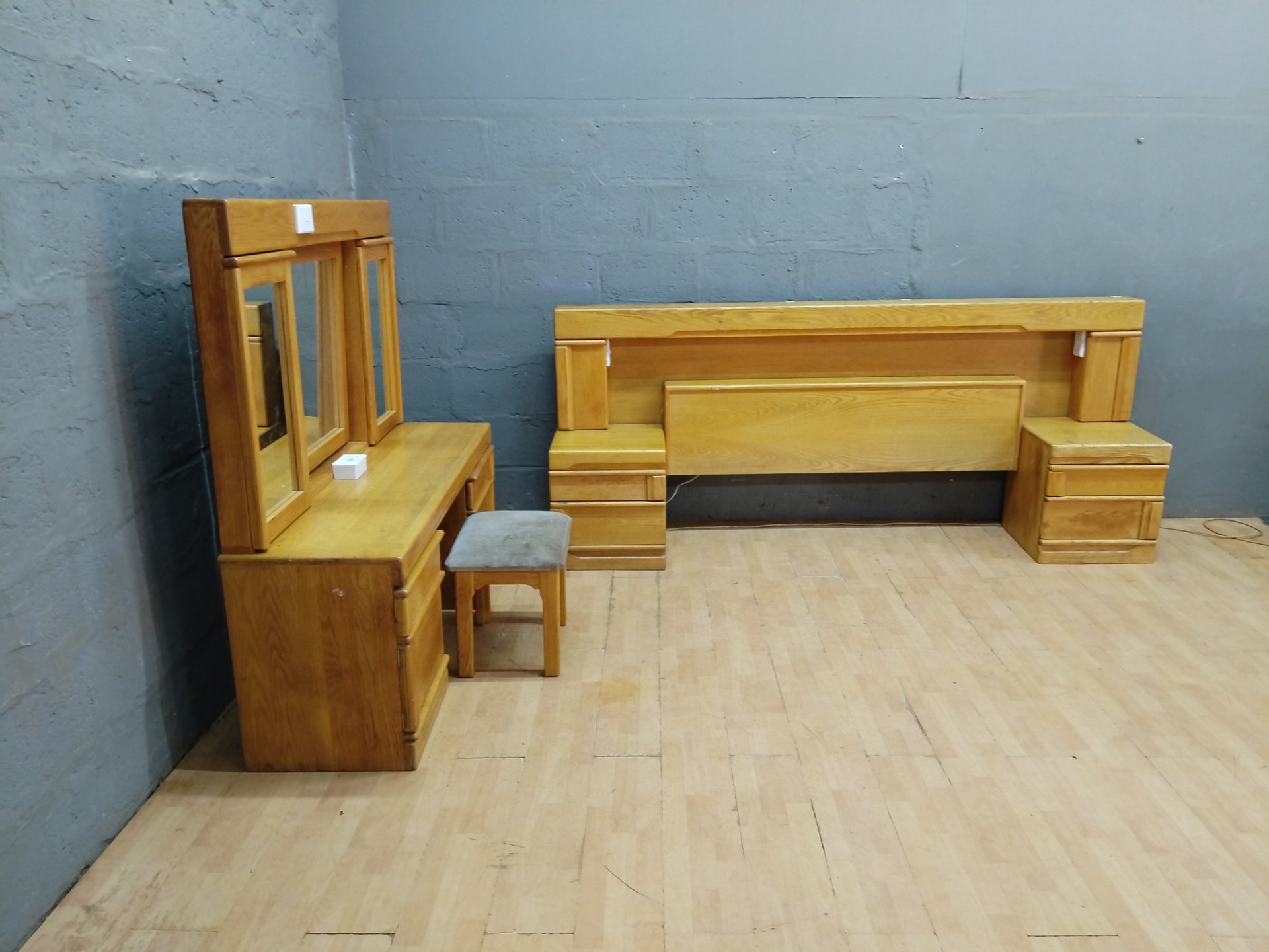 Lighted Matching Bedroom Suite — Headboard with Built-in Lights, Dressing Table + Mirror, 2 Pedestals & Stool