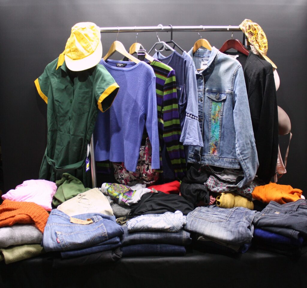 Mixed women’s clothing lot — includes Levi’s 501 (W38 L34), Noisy May denim jacket, knits, dresses & bras (used)