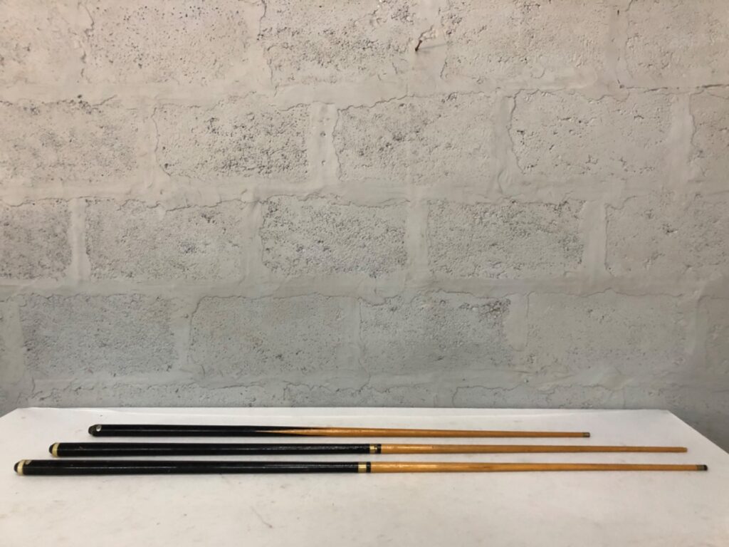 Lot of 3 Wooden Pool / Billiard Cues — 2‑piece, used, worn tips & buttcap damage