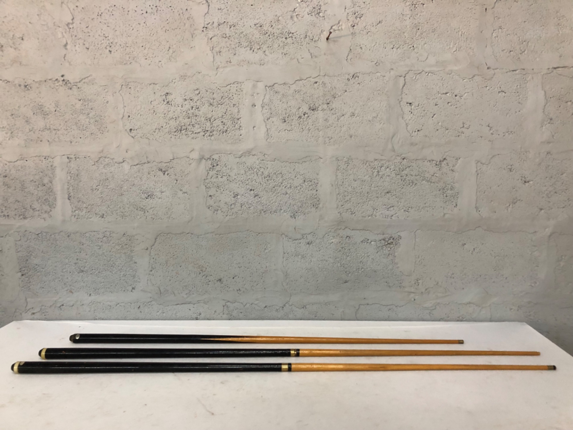 Lot of 3 Wooden Pool / Billiard Cues — 2‑piece, used, worn tips & buttcap damage