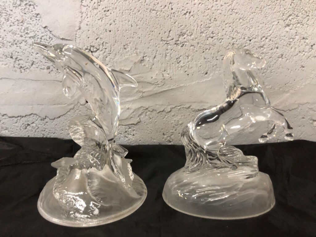Pair of Clear Glass Animal Figurines — Dolphin & Rearing Horse on Molded Bases