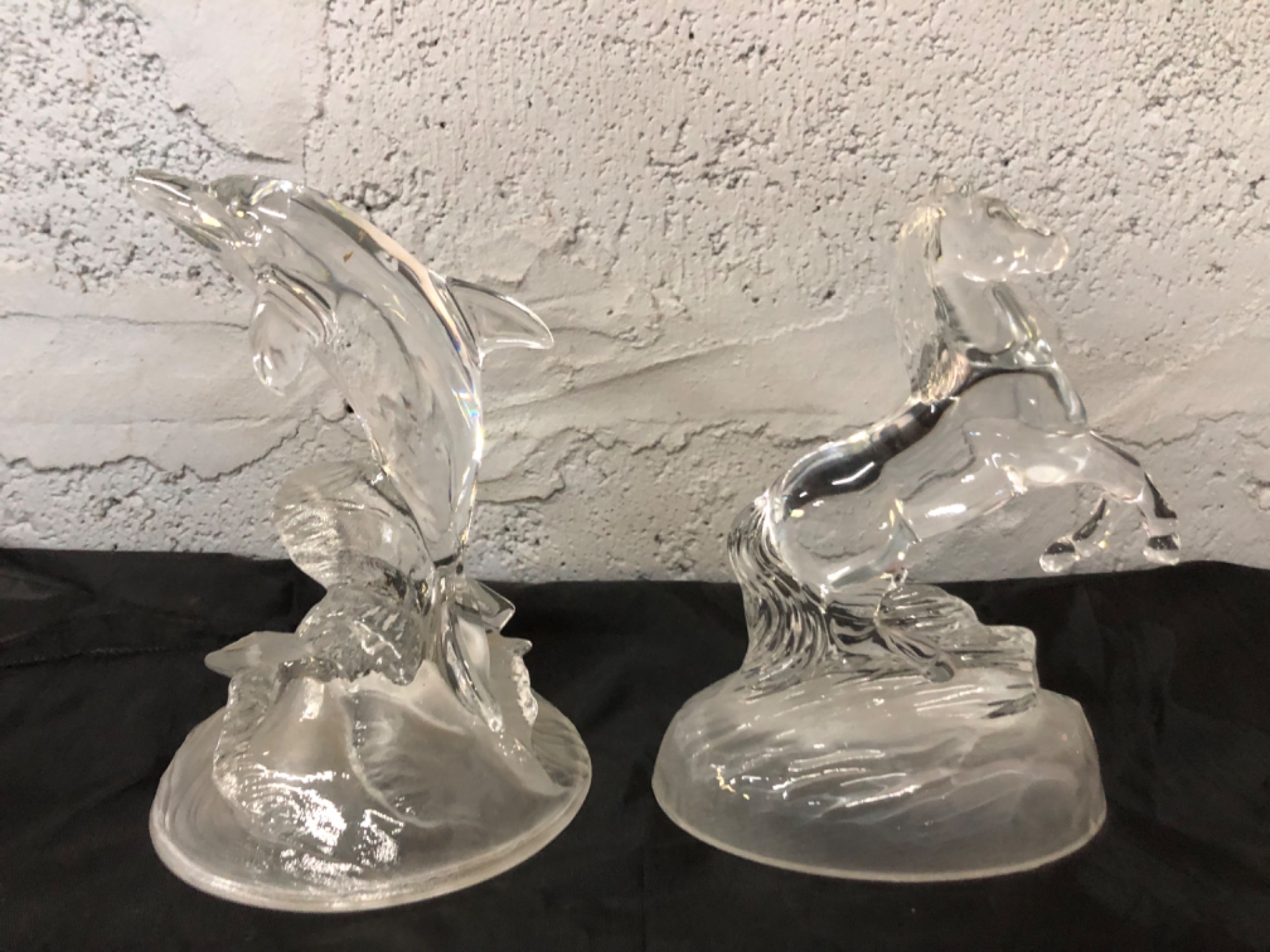 Pair of Clear Glass Animal Figurines — Dolphin & Rearing Horse on Molded Bases