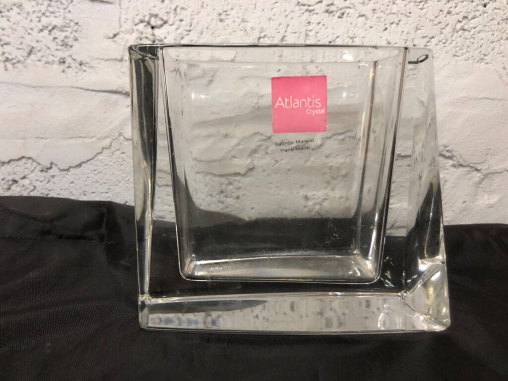 Atlantis Crystal heavy square block vase — labelled, hand-made sticker, used with light wear and a small chip