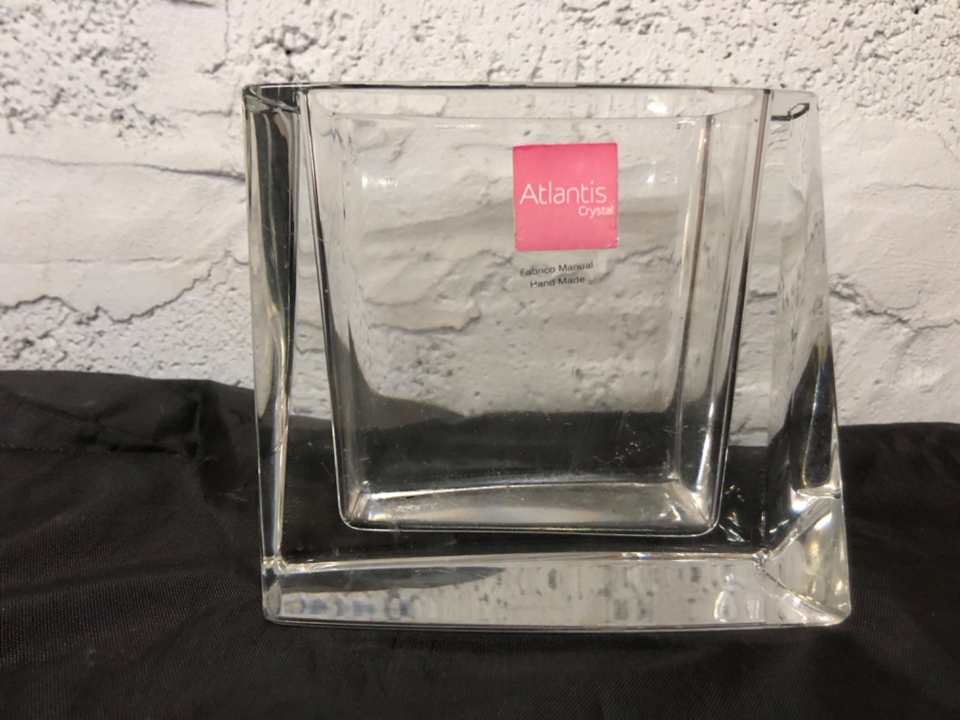 Atlantis Crystal heavy square block vase — labelled, hand-made sticker, used with light wear and a small chip