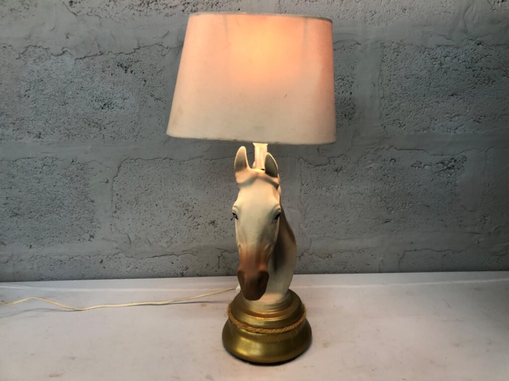 Horse-head decorative table lamp with fabric shade — tested & working (58 cm)
