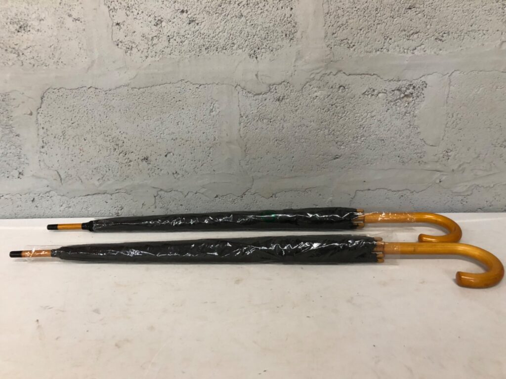 Lot of 2 long umbrellas with wooden crook handles — black canopy (warehouse checked)