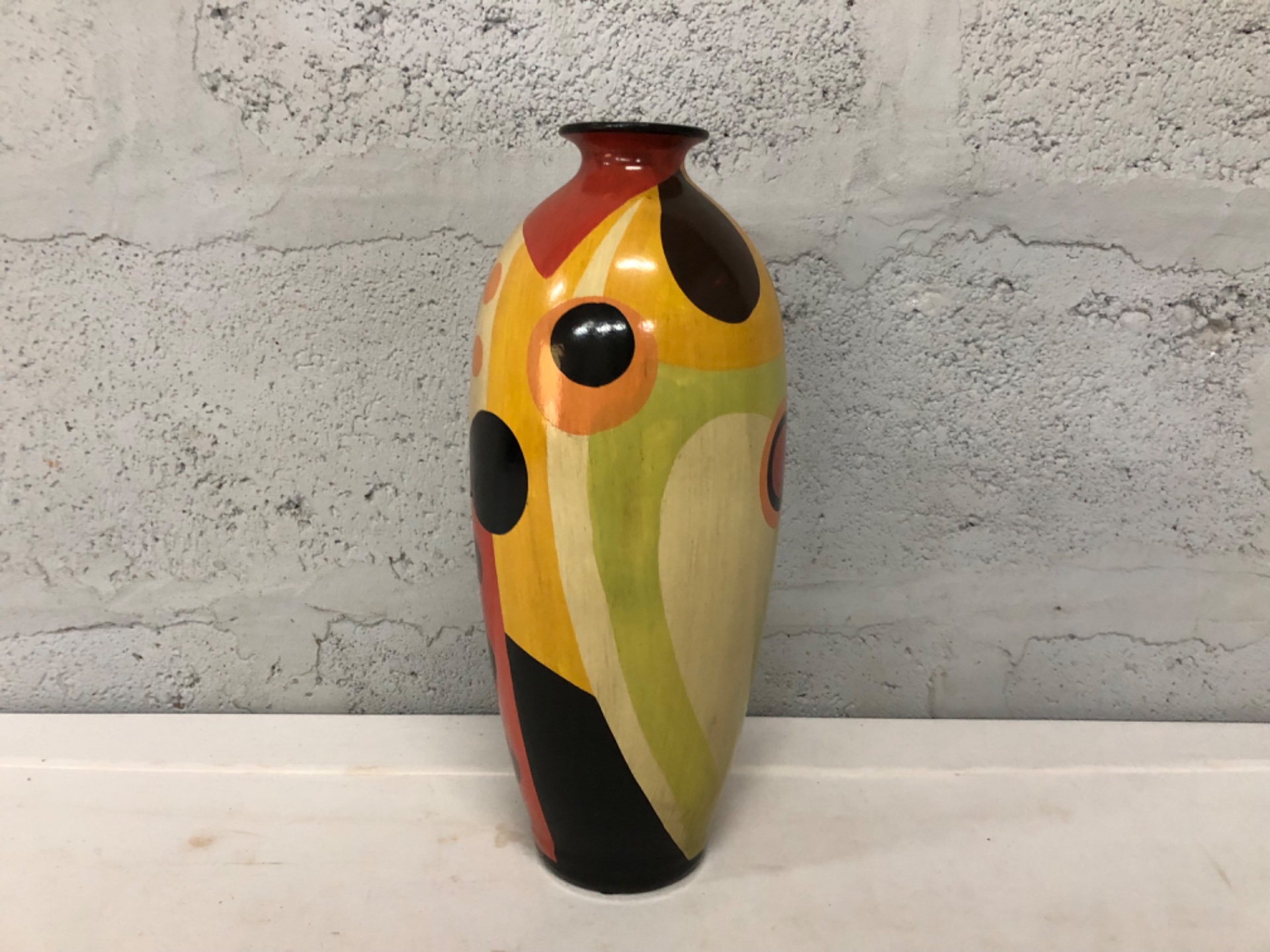 Tall 38 cm Painted Ceramic Decorative Vase — Colourful Abstract Design, Gloss Finish