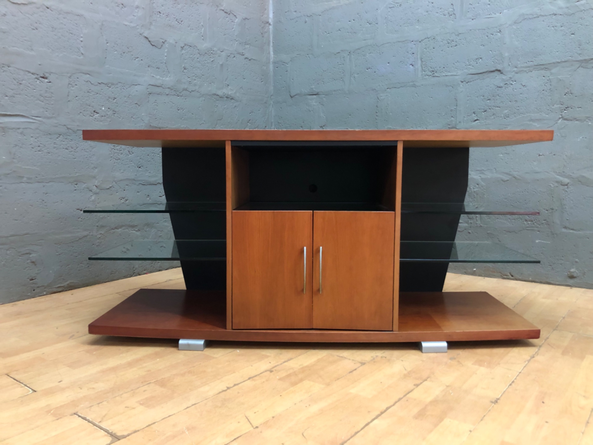 Wood & Glass TV / Media Cabinet — Cherry-tone Top, Glass Shelves & Cable Hole