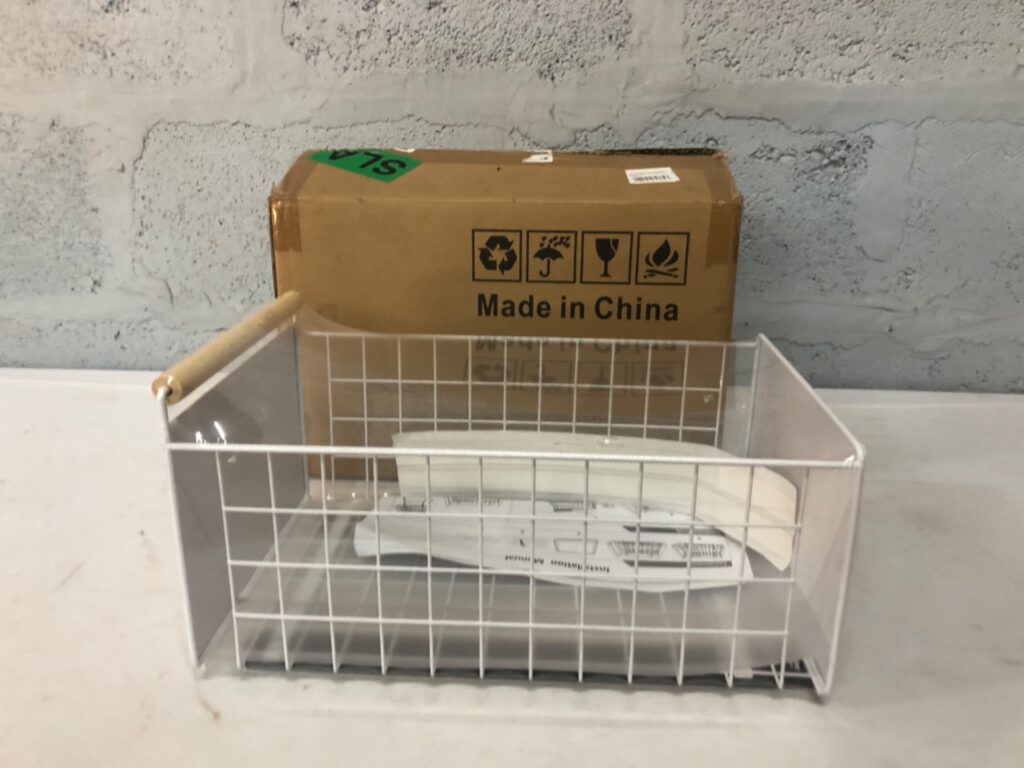 White Wire Storage Basket with Acrylic Sides & Wooden Front Handle — New / In Packaging